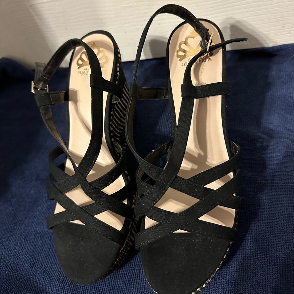 FERGALICIOUS Black Strappy 4.5” Wedges